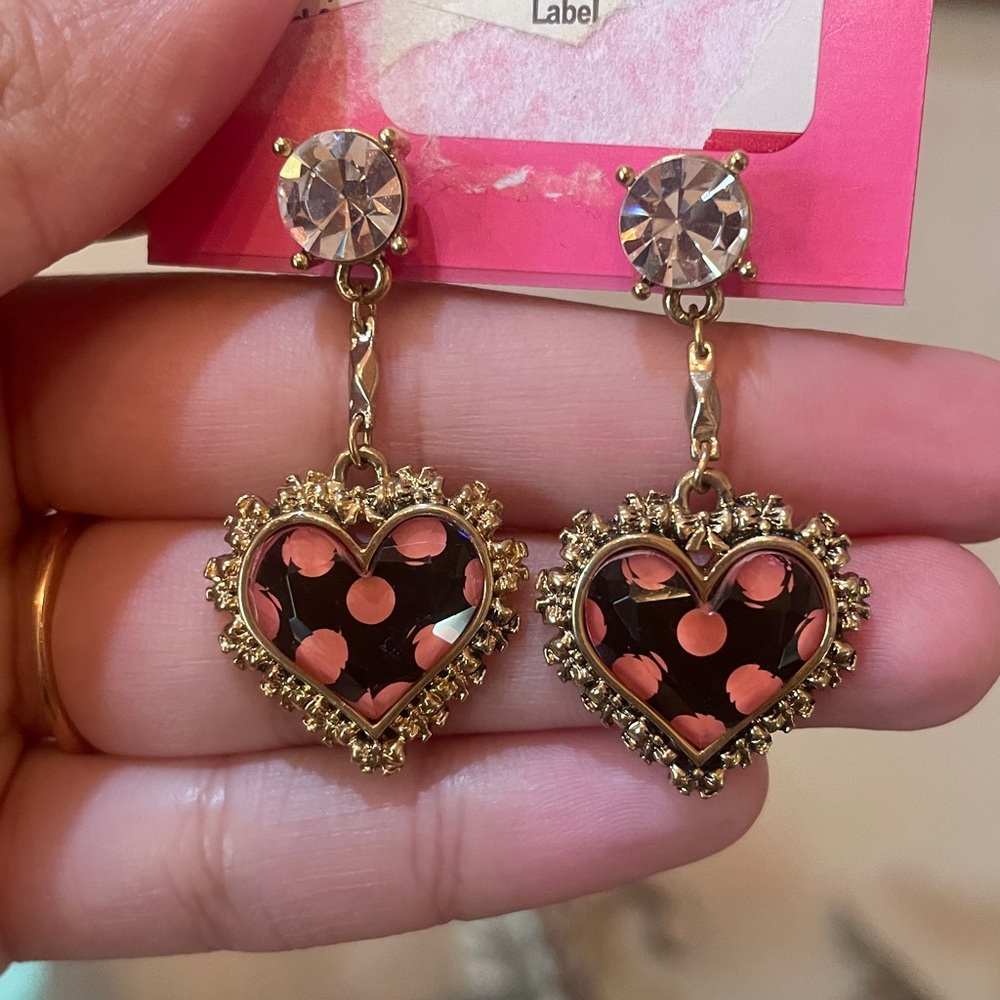 Betsey Johnson Gold and Pink Polka Dot Heart Earrings - Picture 2 of 4